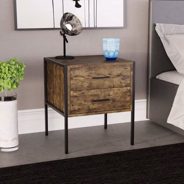 Vida Designs Industrial 2 Drawer Bedside Table Chest in Brown Wood
