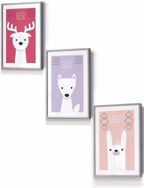 ARTZE Scandi Nursery Forest Animals Framed Wall Art in Pink, Lilac and Grey, W: 33 cm, H: 45 cm, D: 0.2 cm