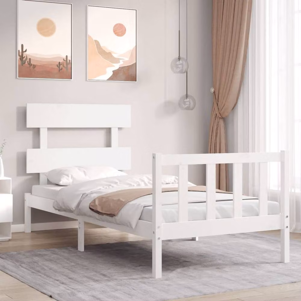 Berkfield Home Single Solid Wood Bed Frame with Headboard in White – 2