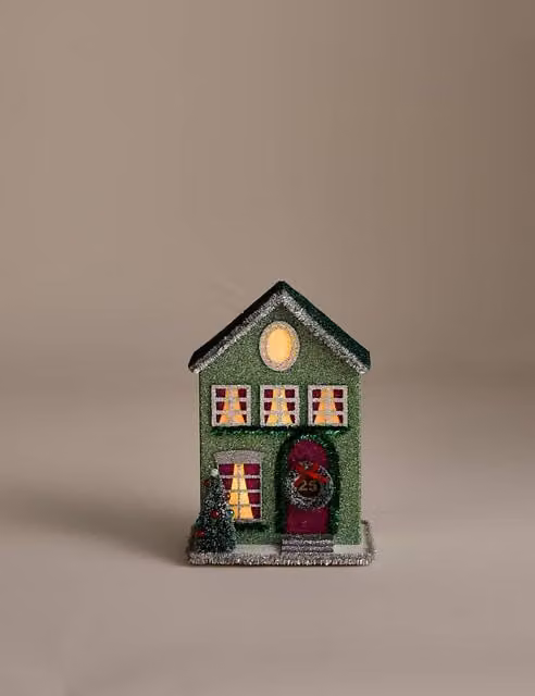 M&S Multicoloured Paper Glitter Light Up Christmas House in Green Mix