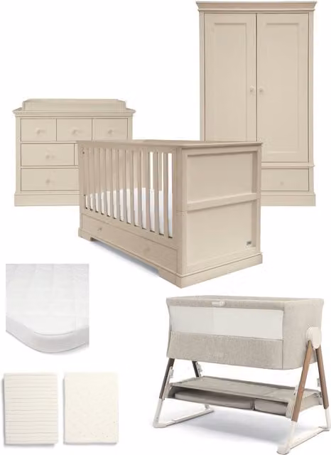 Mamas & Papas Oxford Nursery Bundle with Lua Bedside Crib in Cashmere/Fawn