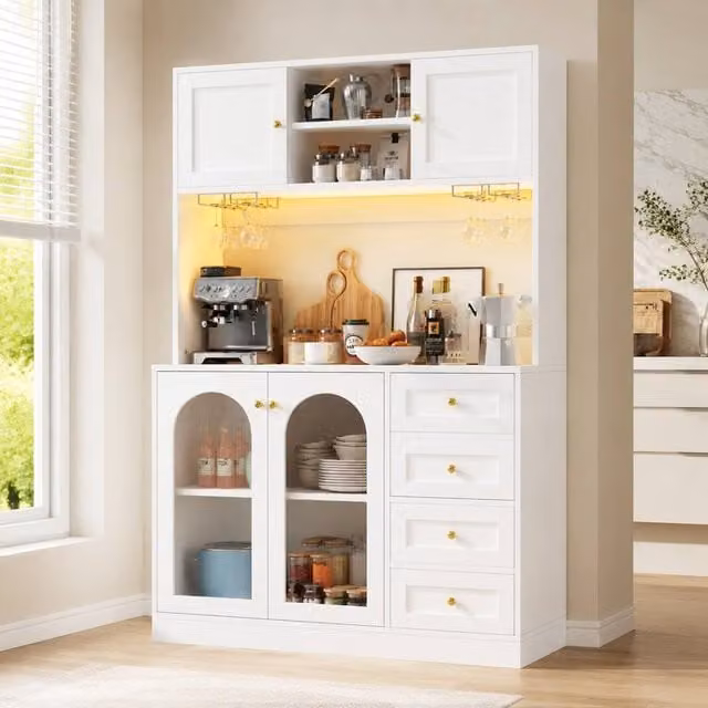 STILVORA Modern Tall Unit with Glass Doors and Integrated Lighting in White and Gold, H 188 x W 40 x D 40 cm – 1