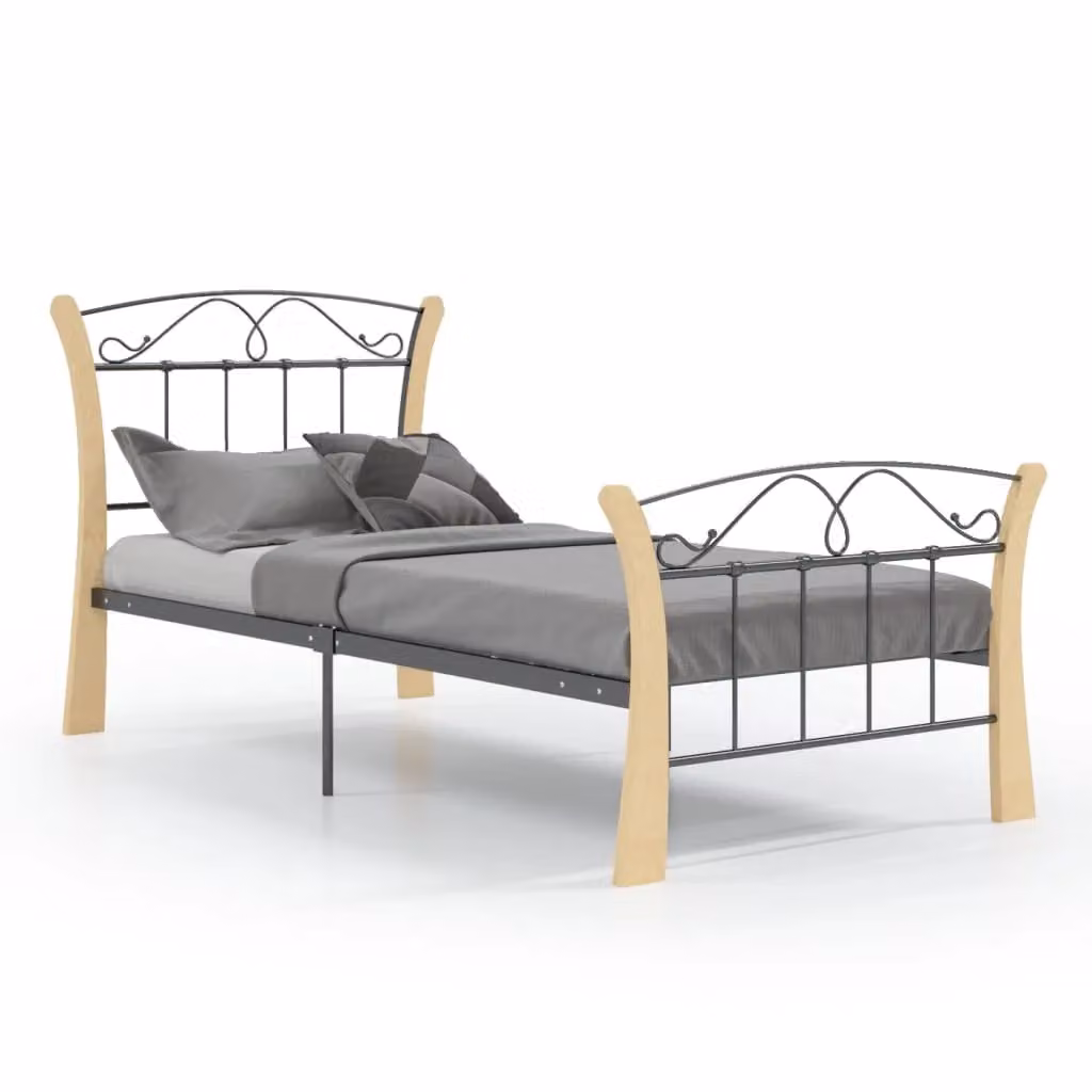 Berkfield Home Black Metal and Oak Bed Frame W: 90 cm, L: 200 cm – 2