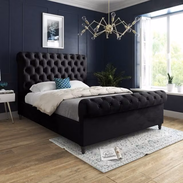 Venezia Sleigh Velvet Upholstered Bed Frame in Black, W/D/H: 180 x 200 cm