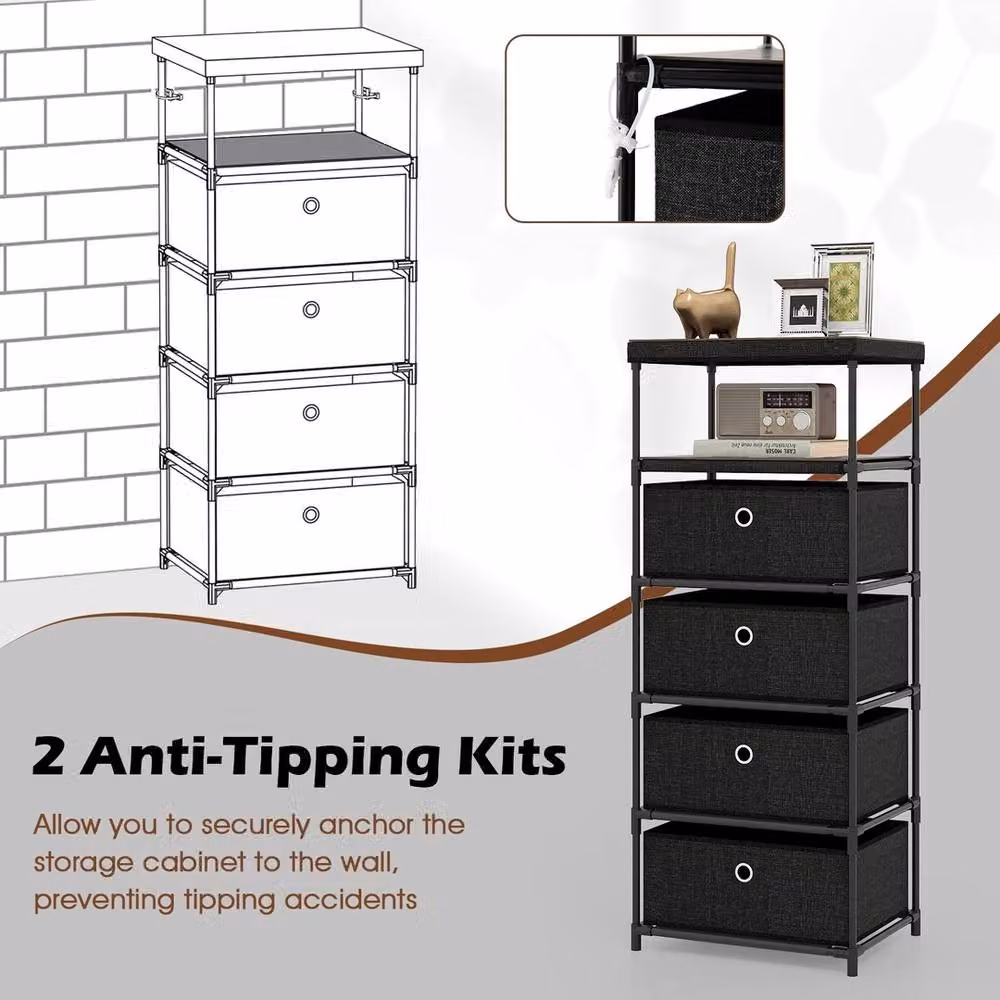 FORGEVIO Fabric Storage Tower with Wood Top and Metal Frame, Black – 5