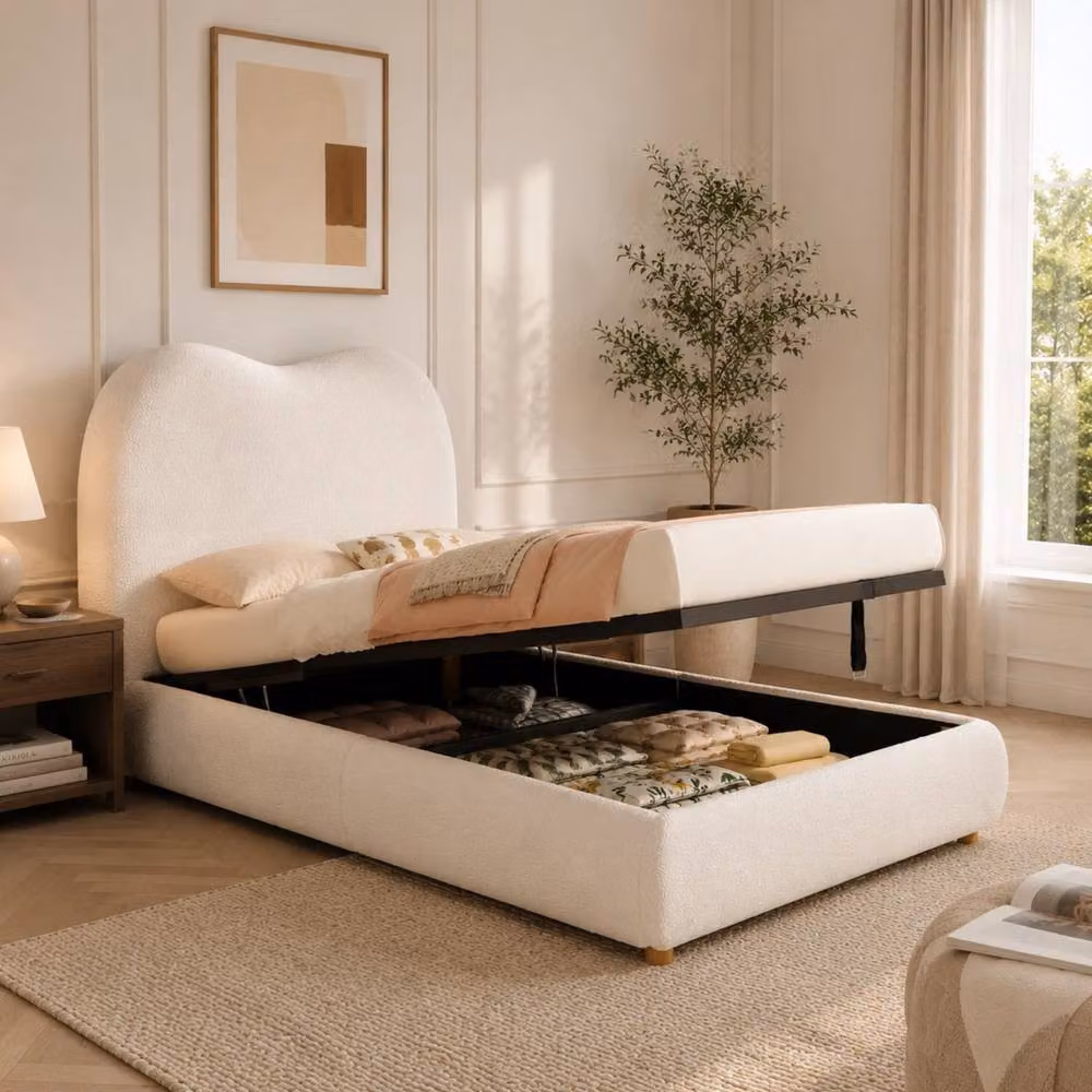 ModernLuxe Kids Single Ottoman Bed with Hydraulic Storage and Headboard in White Bouclé, W/D/H: 90 x 190 cm – 2