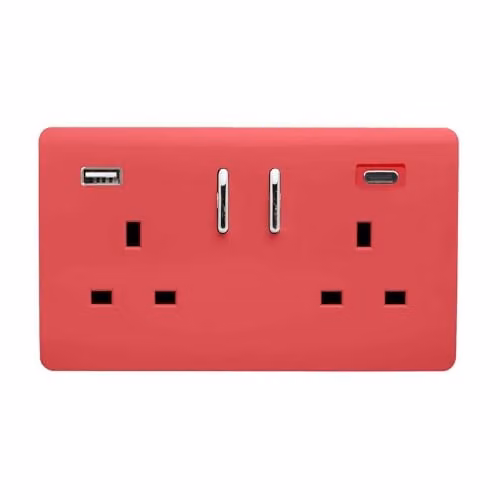 Trendi 2 Gang 13 Amp Flush Socket with 2 x Type A & C 3.1A USB Ports in Strawberry Red