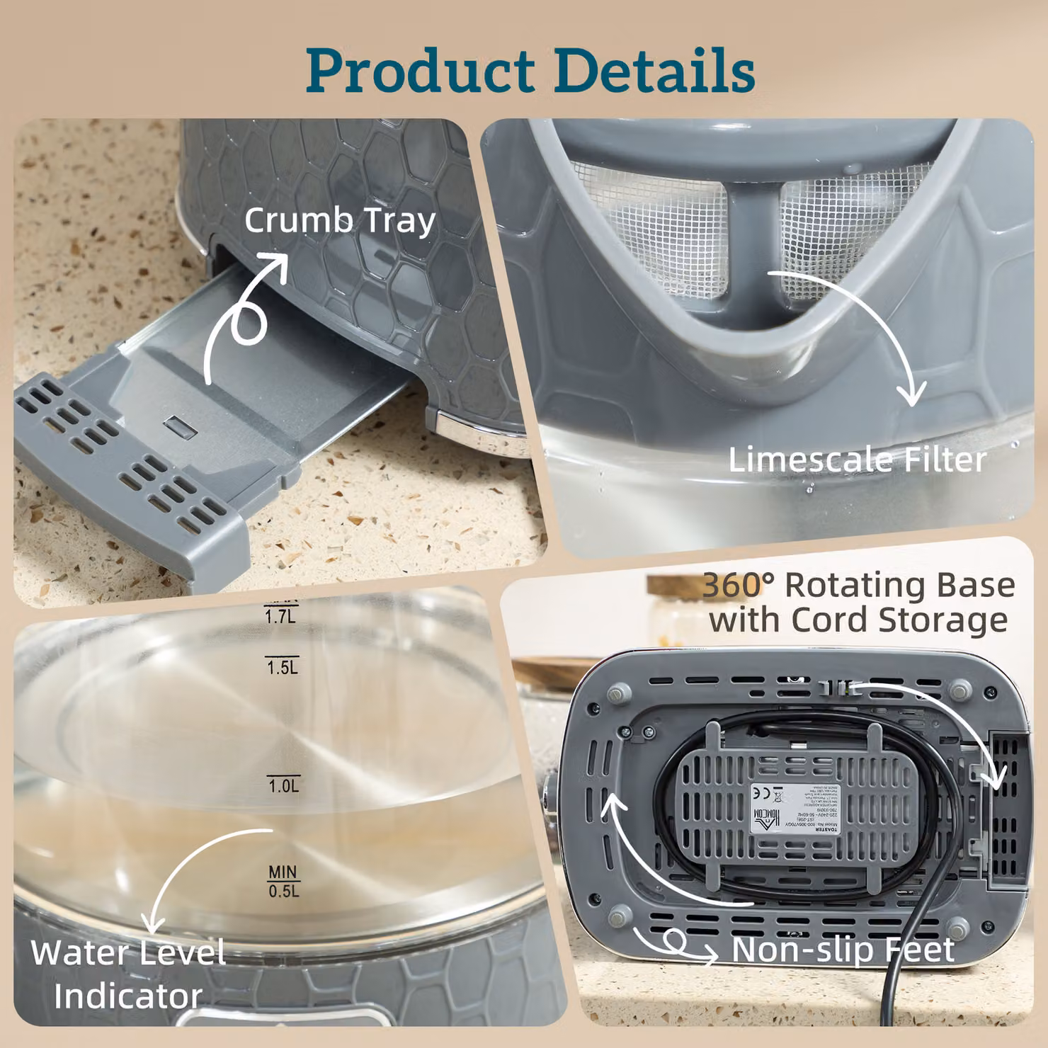HOMCOM Kettle and Toaster Set in Grey, featuring a 1.7 l Rapid Kettle with Limescale Filter and a 2-Slice Toaster – 5