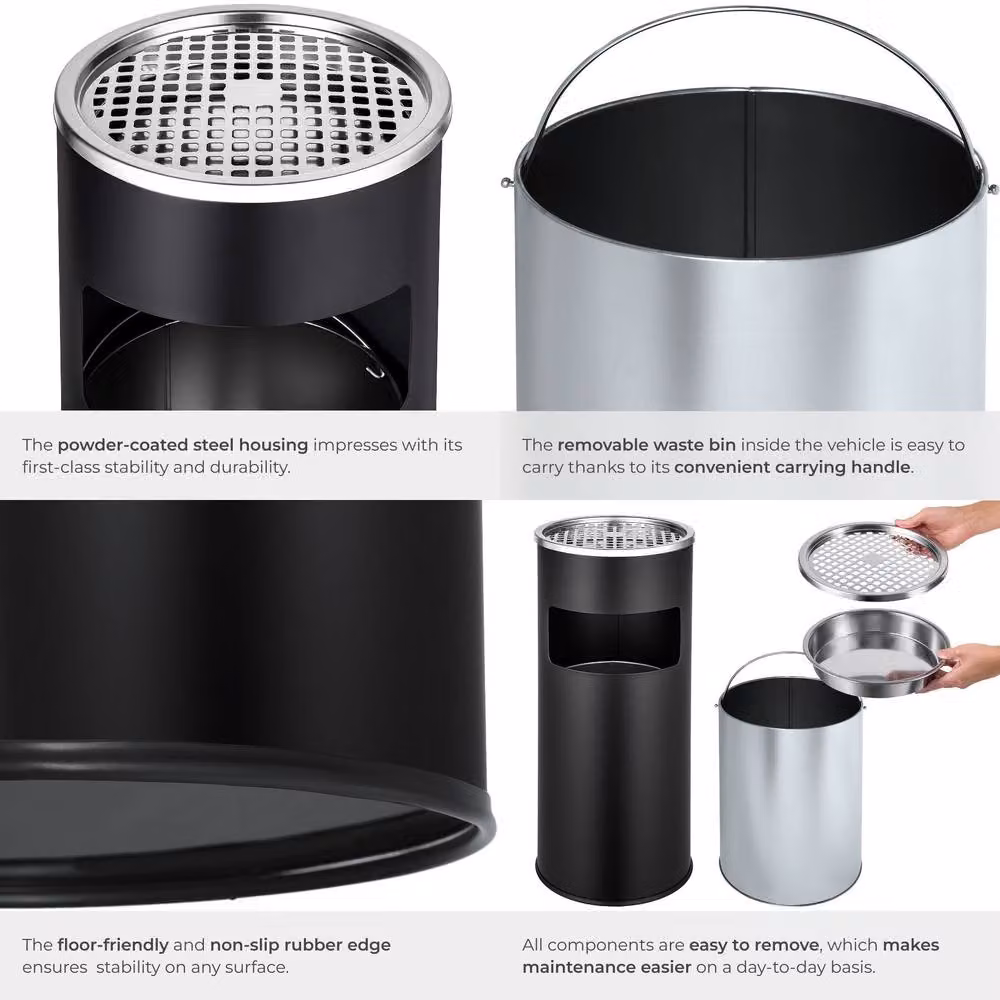 tectake Freestanding Metal Floor-Standing Ashtray in Black with Removable Inner Bucket, Height: 61.0 cm, Width: 25.0 cm – 5