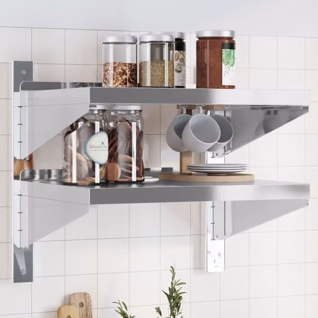 Berkfield Home 2-Tier Wall Mounted Metal Shelf in Silver, W/D/H: 50 x 40 x 60 cm