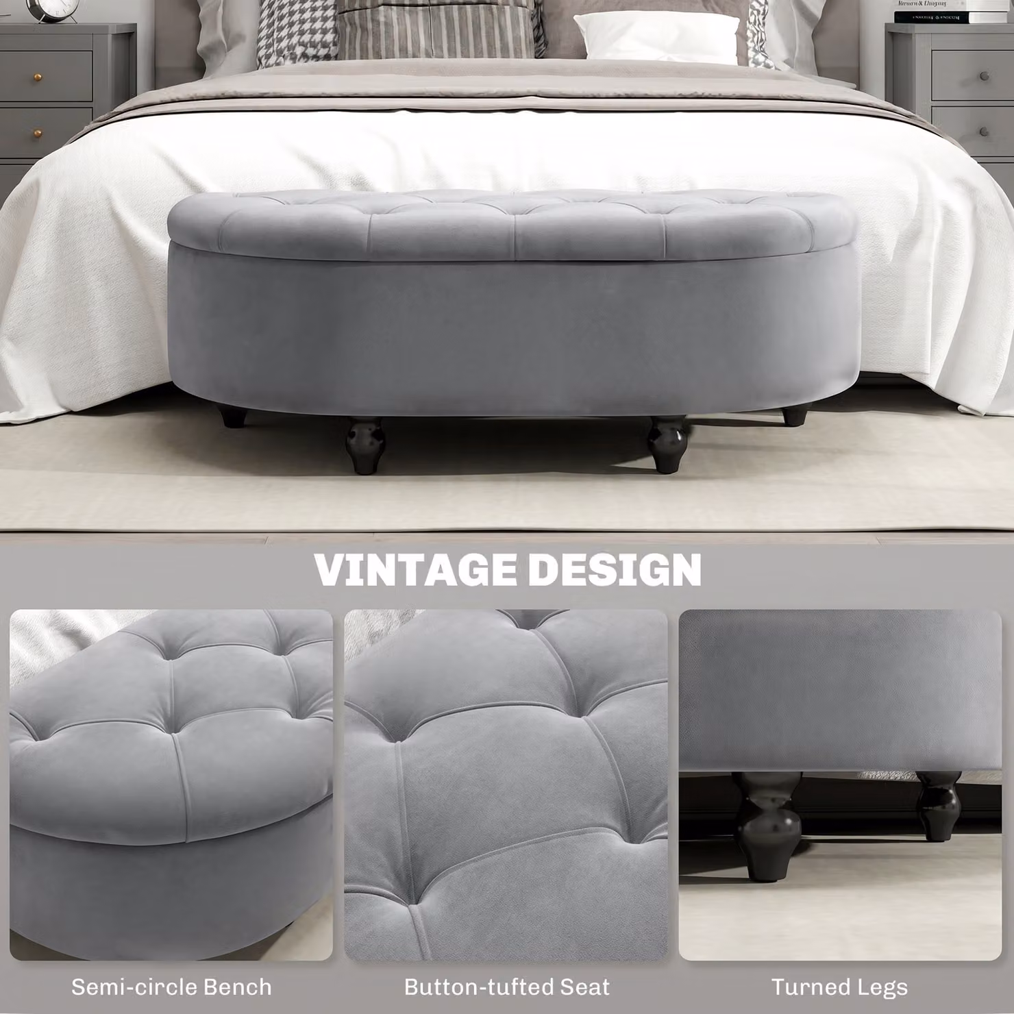 HOMCOM Semi-Circle Tufted Velvet Bed End Bench Ottoman with Storage and Rubberwood Legs, Grey, W: 120 cm, D: 45 cm, H: 118 cm – 6