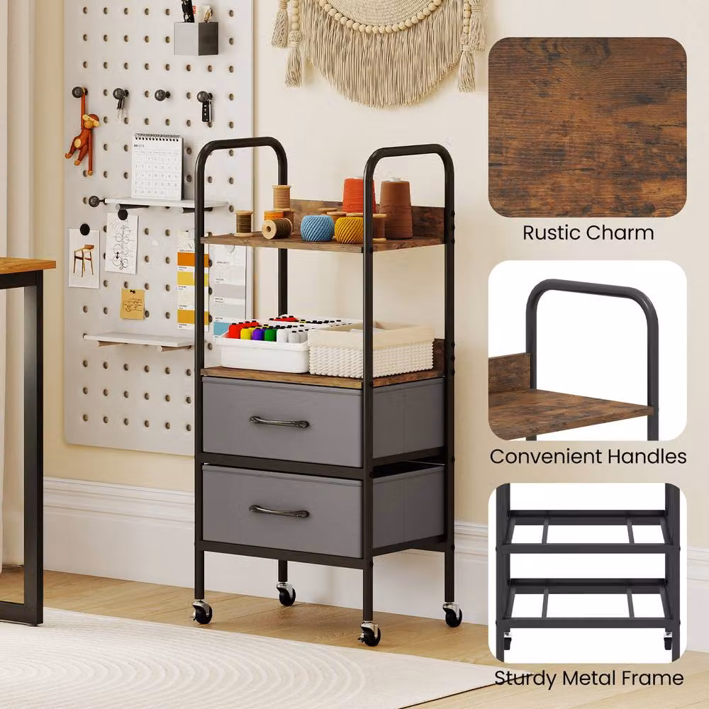 Costway Rolling Utility Storage Cart and Mobile Printer Stand with Shelves and Drawers in Brown – 10