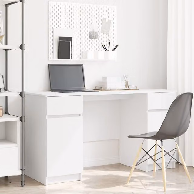 Berkfield Modern White Writing Desk in MDF with Dual Pedestal, W/D/H: 140 x 49 x 76 cm