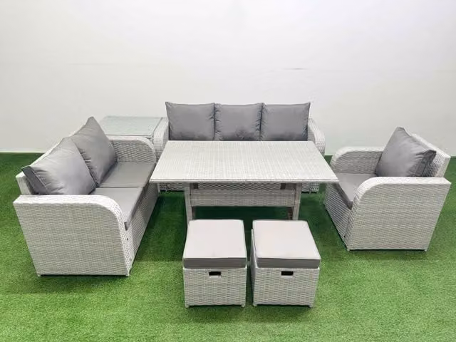 Fimous Patio 8 Seater Grey PE Wicker Rattan Outdoor Furniture Set with Rectangular Dining Table, Reclining Chairs, 3 Seater Sofa, Loveseat, and Stool