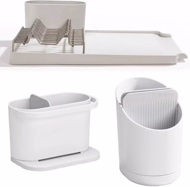 ReBorn Stone Cutlery Drainer and Sink Tidy Set in White with Stainless Steel and Glass Components