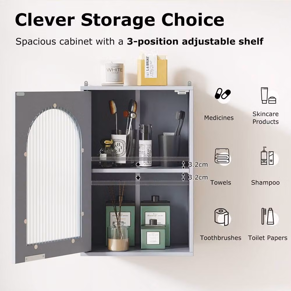 Costway Grey Wooden Wall Mounted Bathroom and Medicine Cabinet with Glass Doors – 3
