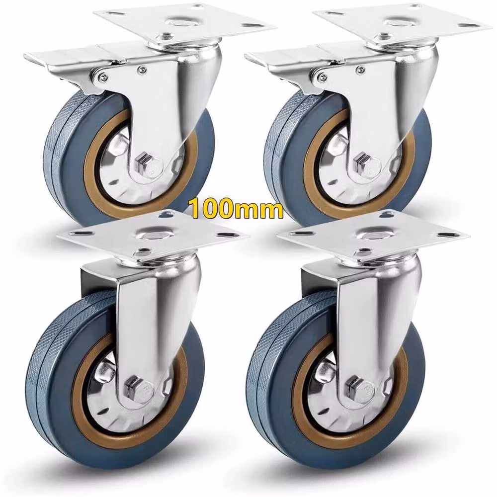 Nordara Set of 4 Heavy Duty Rubber and Steel Swivel Castor Wheels with Plate, Grey/Multicolour, 100mm – 3