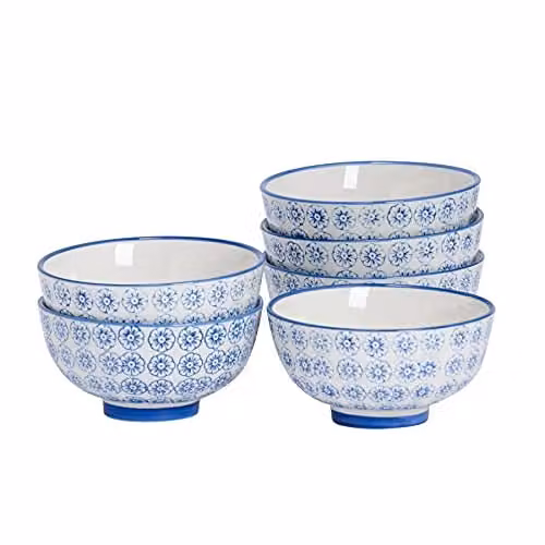 Nicola Spring Floral Stoneware Rice Bowls in Blue, Pack of 6