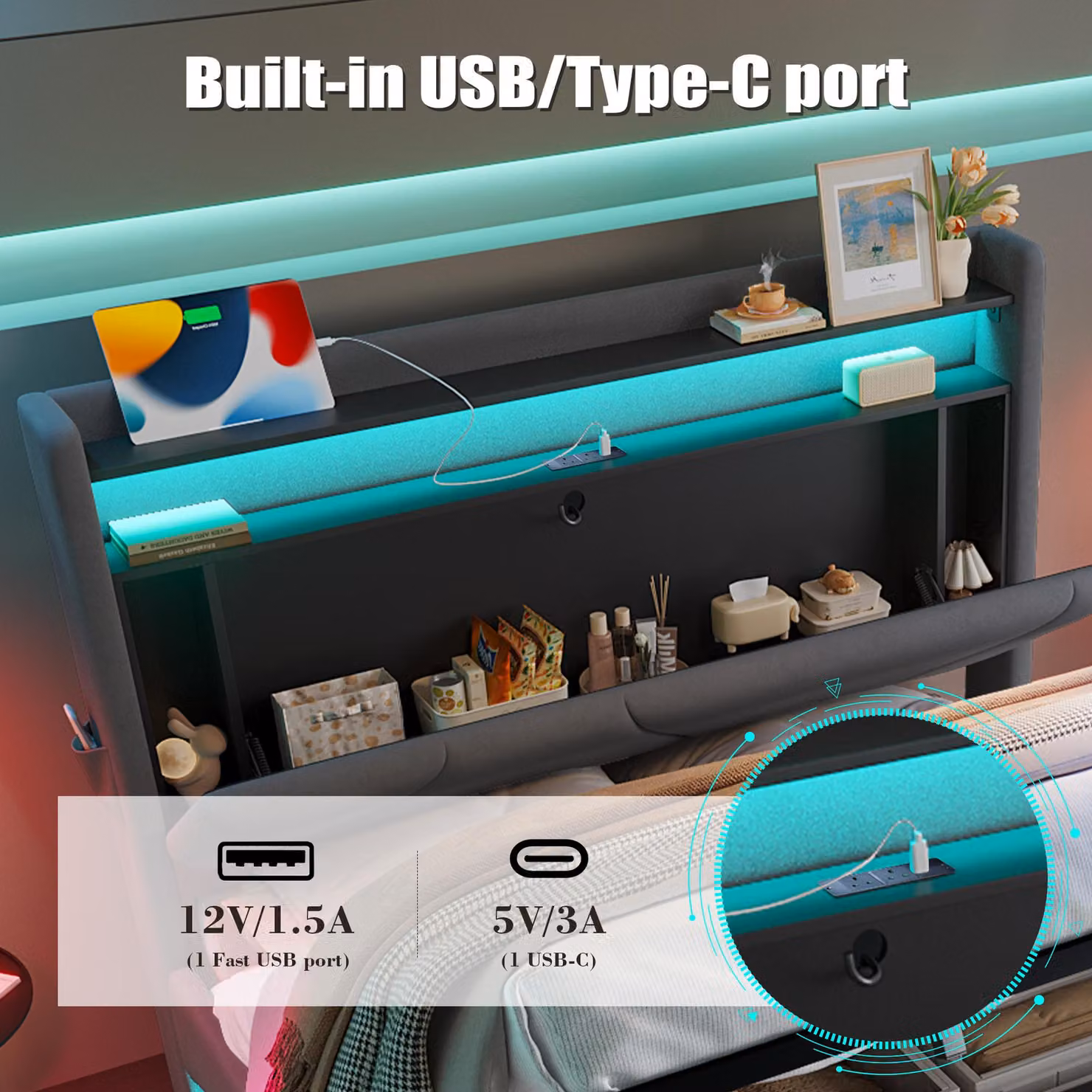 Aosom UK Upholstered Velvet Bed Frame with Under-Bed Storage, Wavy LED Lighting and USB Ports, Dark Grey, W: 143 cm, D: 211 cm, H: 115.5 cm – 7