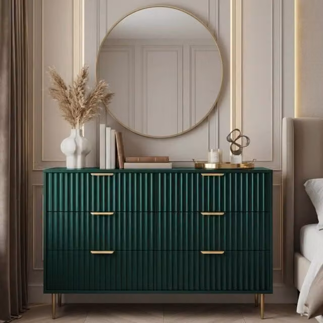 OHS Ribbed 6 Drawer Cabinet Chest of Drawers Sideboard in Dark Green – 1