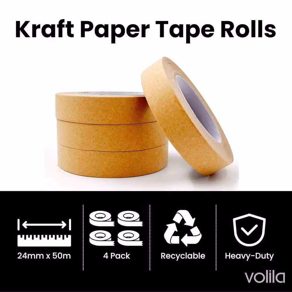 Volila 4 Pack Brown Kraft Paper Packing Tape Rolls, 24mm Width – 3