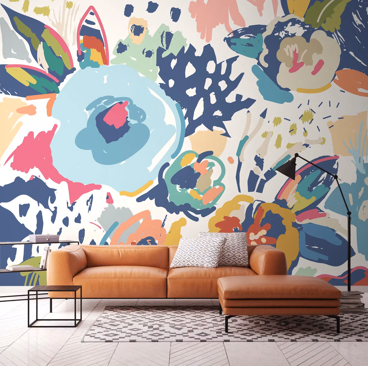 Origin Murals Abstract Floral Wall Mural in Blue and Multicolour, W: 300 cm, H: 240 cm – 2