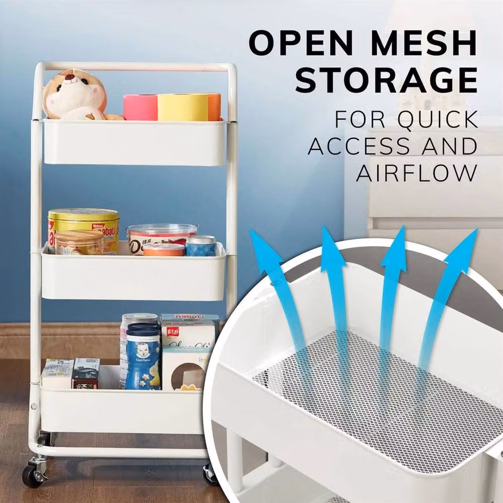 Havendro 3 Tier White Metal Rolling Storage Cart for Home, Kitchen or Office – 4