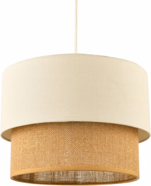 Happy Homewares Modern Two Tier Cylinder Pendant Shade in Brown and Beige Linen and Rattan – 1