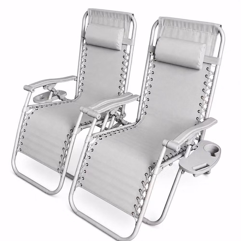 Neo Zero Gravity Recliner Garden Sun Loungers in Light Grey with Adjustable Headrest and Side Tray – 7