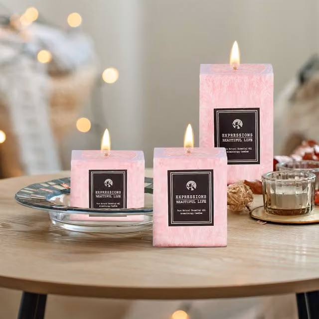 Livingandhome 3 Piece Pink Scented Pillar Candle Set with Fresh Minimalist Square Design