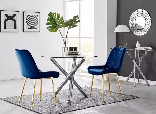 FurnitureboxUK Selina Round Glass Dining Table with Chrome Leg and Pesaro Navy Blue Chairs with Gold Legs for 2 People – 1