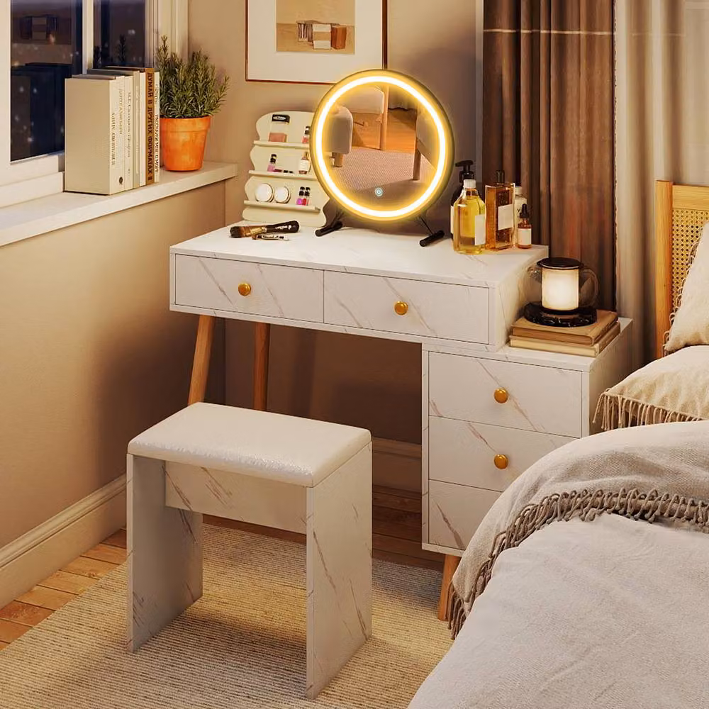 Gymax White Vanity Set with Hollywood LED Mirror, Makeup Desk and Round Stool – 5