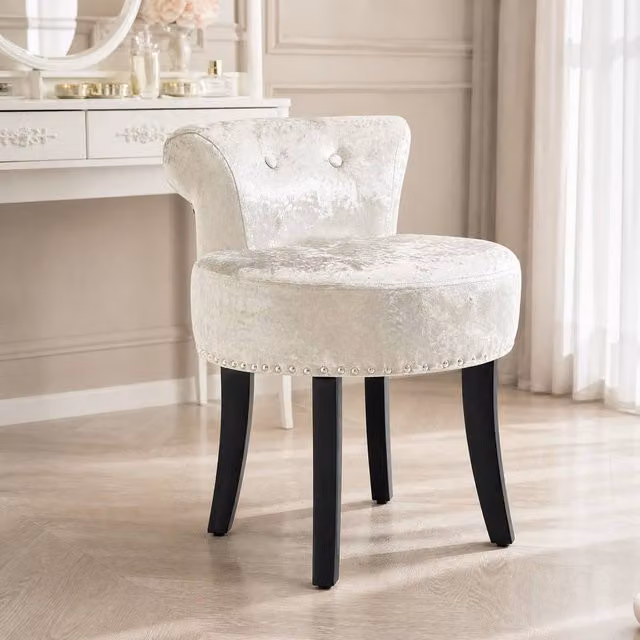 STILVORA Dressing Table Stool with Wooden Legs in Beige