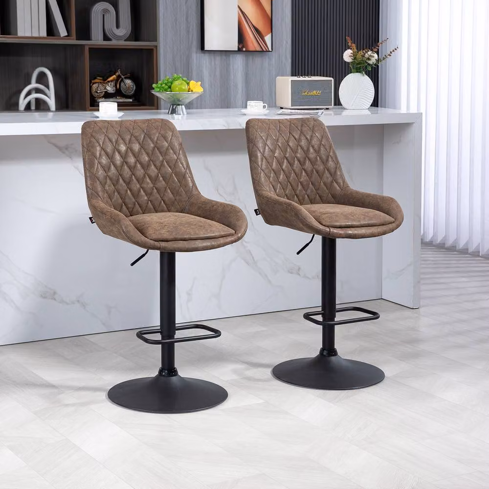 STILVORA Set of 2 Adjustable Height Swivel Bar Stools in Brown Synthetic Leather with Metal Frame – 2