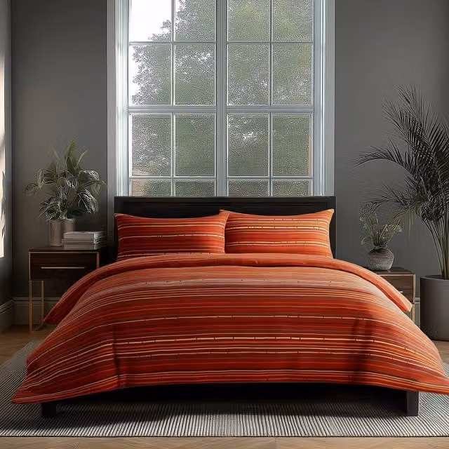 Snug City Blue and Red Striped Duvet Cover and Pillowcase Set in Polycotton Linen, W: 200 cm x D: 200 cm