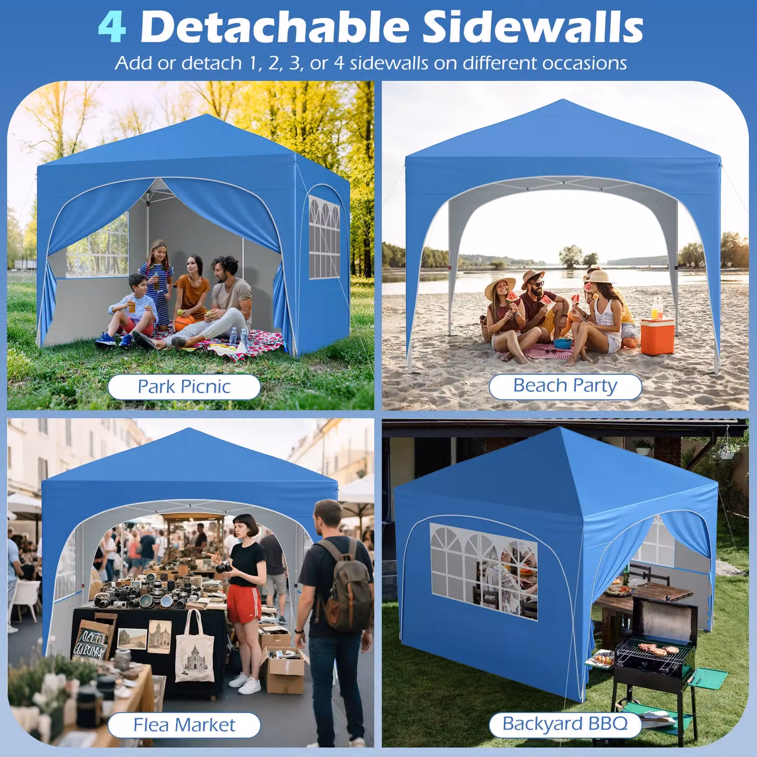 Gymax Blue Pop Up Canopy Tent with 4 Removable Sidewalls and Windows, W/D/H: 300 x 300 x 286 cm – 5