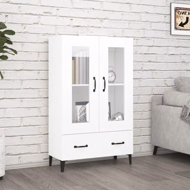 Berkfield Home Modern White Wall Mounted Highboard with Glass Doors and Internal Shelves, W/D/H: 70 x 31 x 115 cm