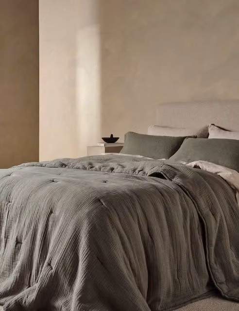 Bedfolk Pure Cotton Stitched Quilted Throw in Khaki