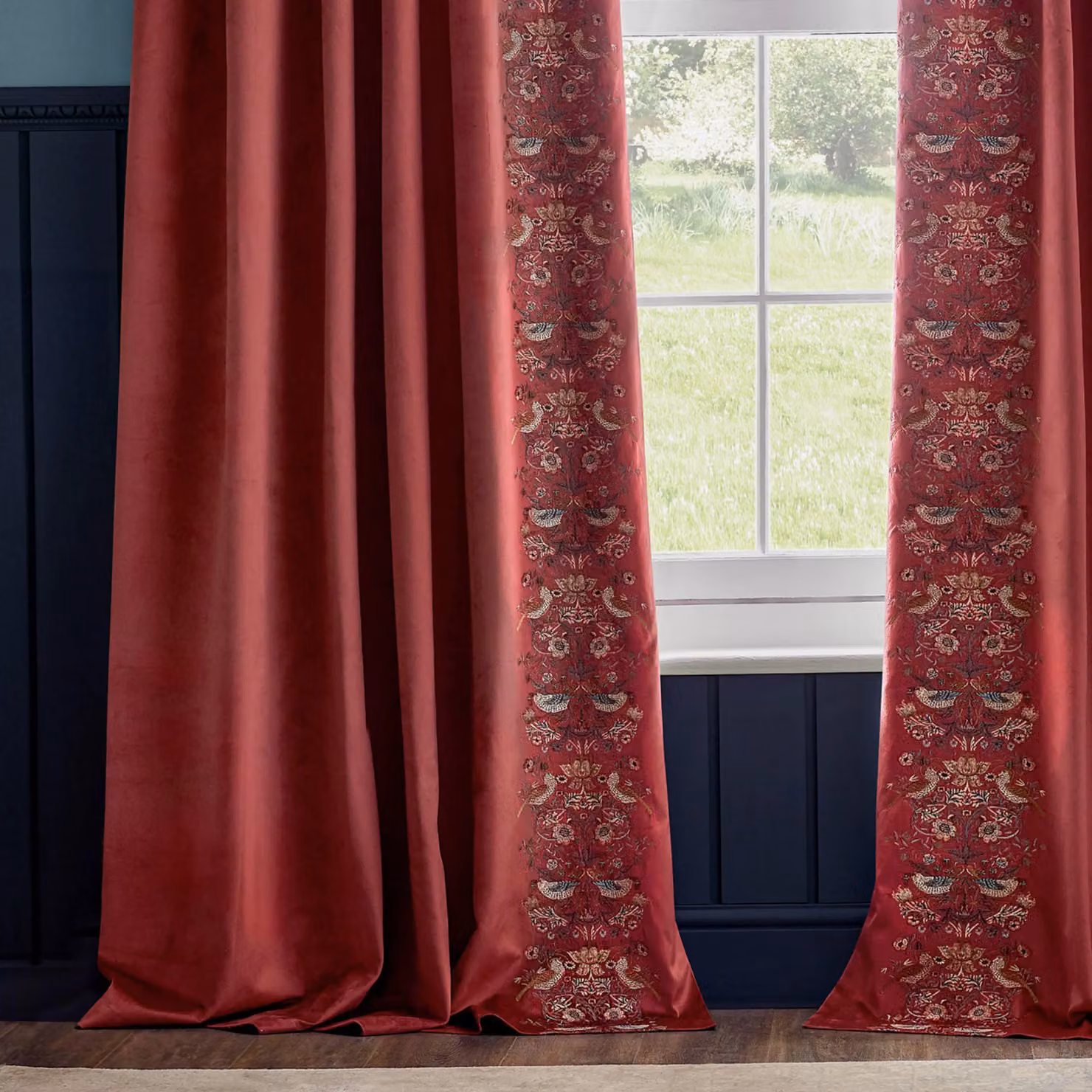Morris & Co. Strawberry Thief Embroidered Velvet Pencil Pleat Curtains, Red, Width: 168 cm, Drop: 183 cm – 4