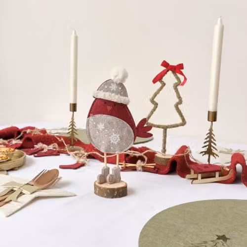 Melody Maison Red, White and Brown Felt Robin Standing Decoration with Wooden Base, Height: 22 cm