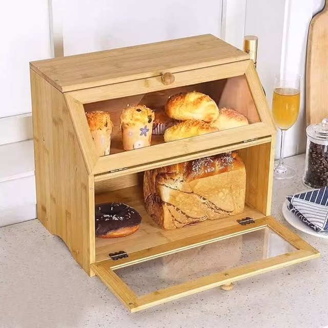 Ventryn Double Layer Stackable Bamboo Wooden Bread Box Storage Container in Natural Brown and Beige – 1