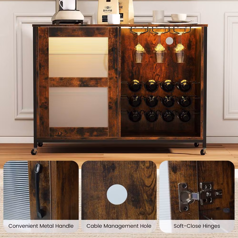 Costway Industrial Wooden Wine Bar Cabinet with LED Lights and Wheels, Brown – 5