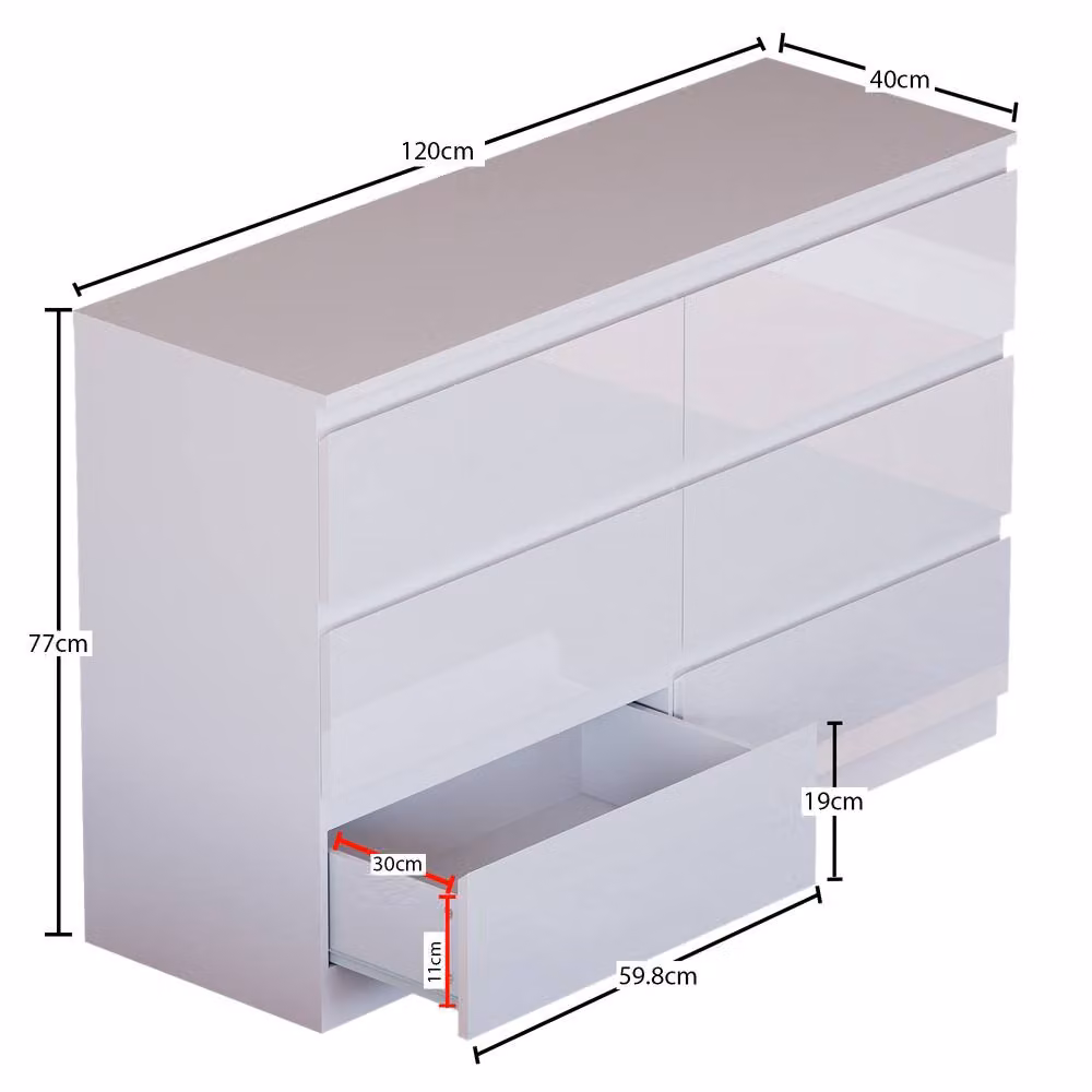 HD Designs High Gloss 6 Drawer Chest of Drawers in White – 3