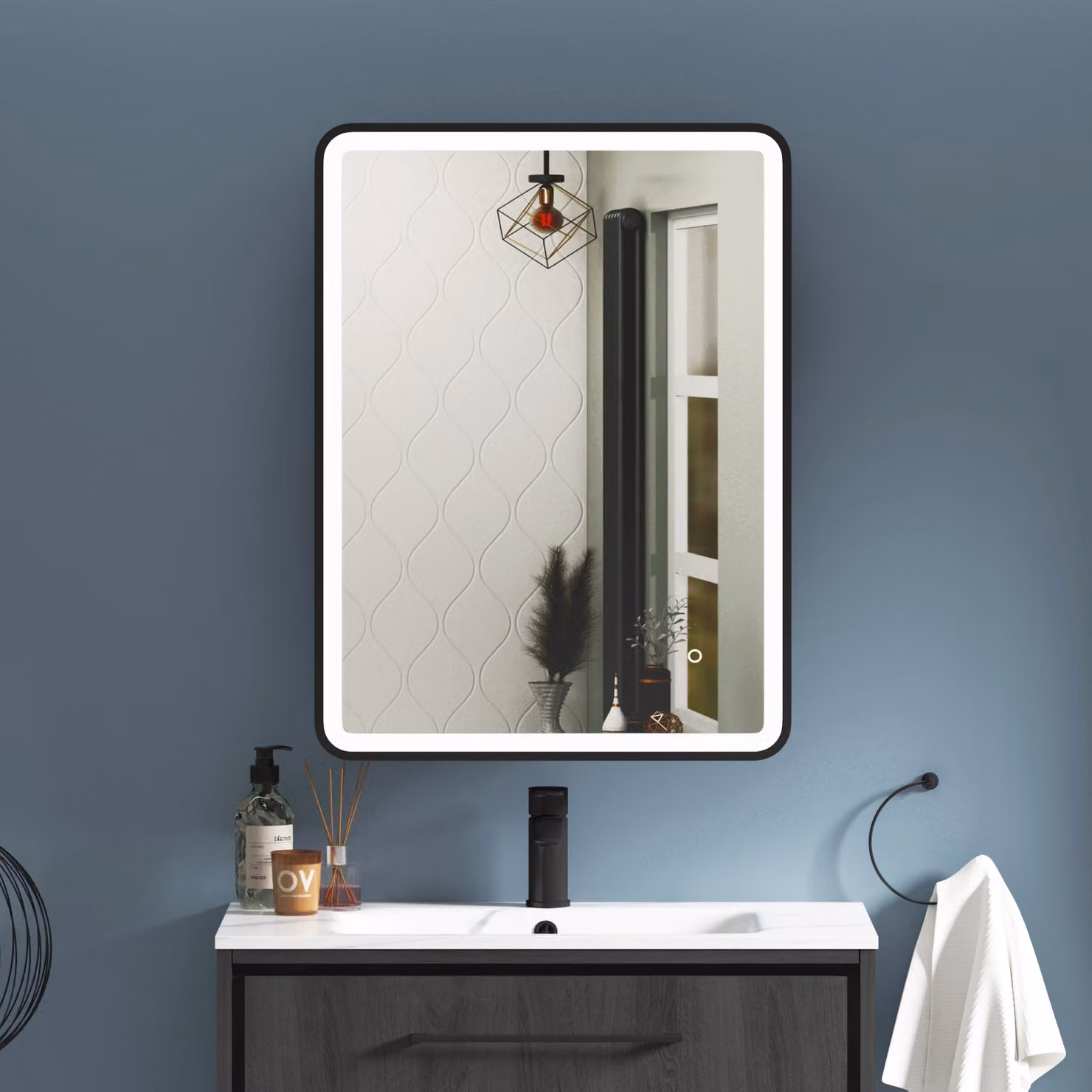 Avenza Round Frontlit LED Illuminated Bathroom Cabinet Mirror in Black with Anti-Fog Demister Pad and Touch Sensor