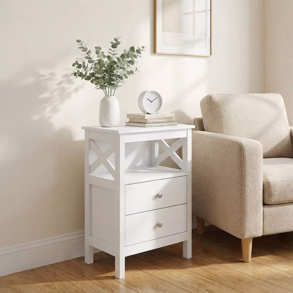 Levede White Wooden Bedside Table with 2 Drawers and Open Shelf, H 60 x W 40 x D 30 cm – 3