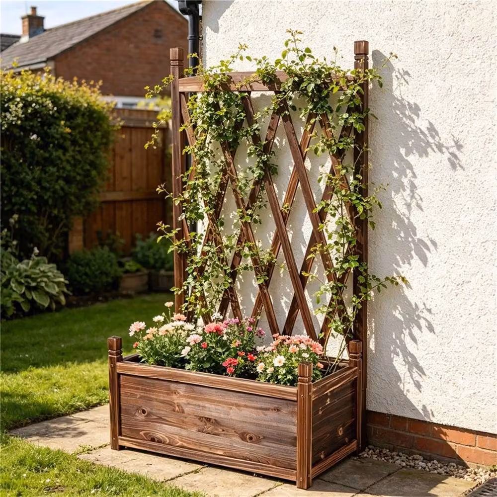 NESTLUNE Brown Wooden Raised Garden Bed with Trellis FreeStanding Planter Box, W: 64 cm, D: 36 cm, H: 115 cm – 3