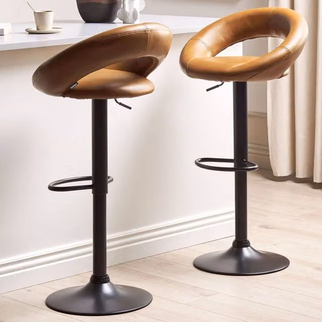 Wyld and Coco Set of 2 Golden Brown Faux Leather Bar Stools with 360 Degree Swivel and Gas Lift – 1