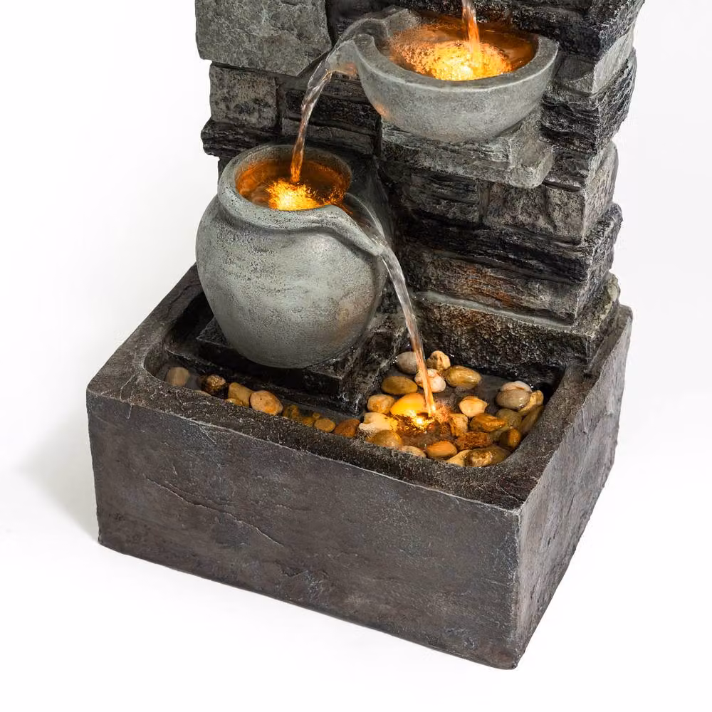 Teamson Home Grey 4-Tier Stacked Stone Cascading Outdoor Water Fountain with LED Lights, Height: 72.3 cm – 5