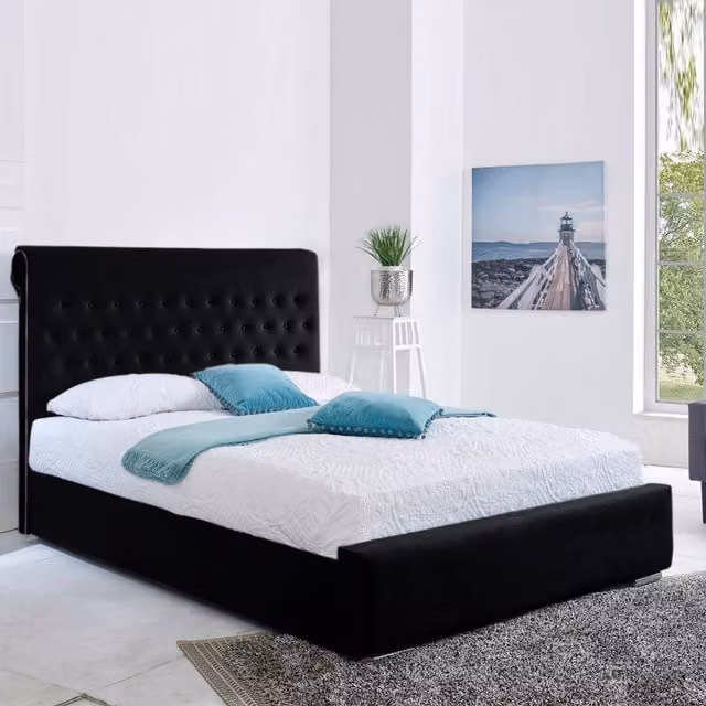 Desire Deco Berlin Modern Upholstered Velvet Bed Frame, Black, W/D/H: 180 x 200 cm