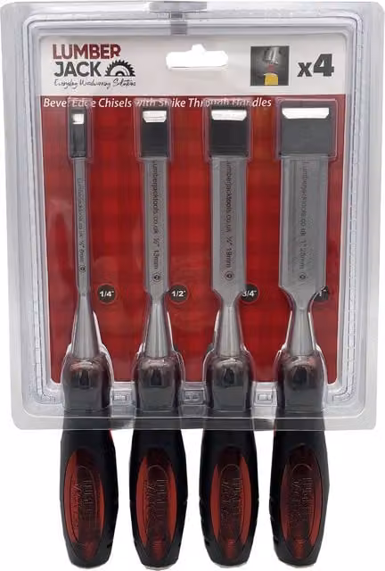 Lumberjack 4 Piece Red Bevel Edge Chisel Set with Strike Through Cap